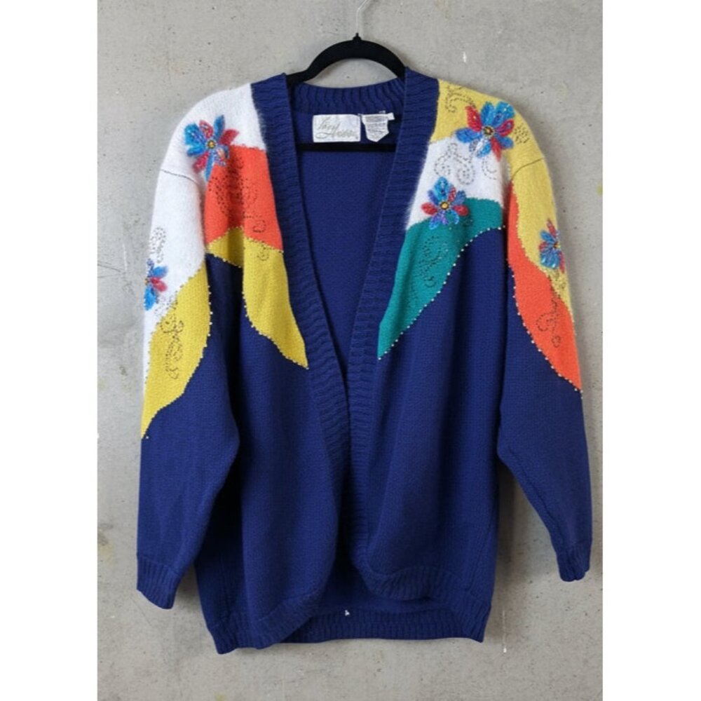 Nina Austin Vintage‎ Embellished Floral Knit Cardigan Sweater Size M